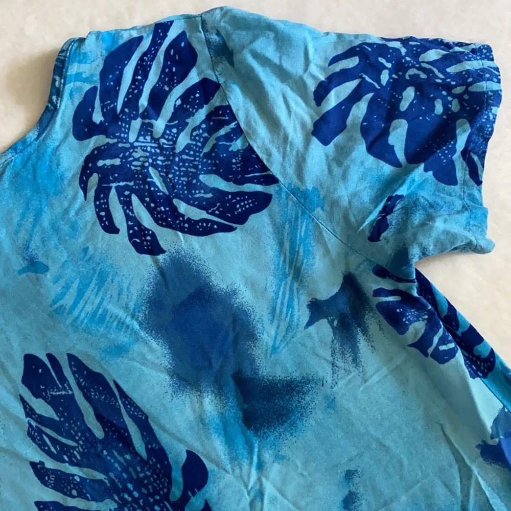 {VTG} Desert Shores | Tropical Palm Tree Leaf Print Short Sleeve Midi Dress Blue - Picture 12 of 15